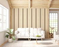 Neutral tone vertical stripe wallpaper with dot centre details.