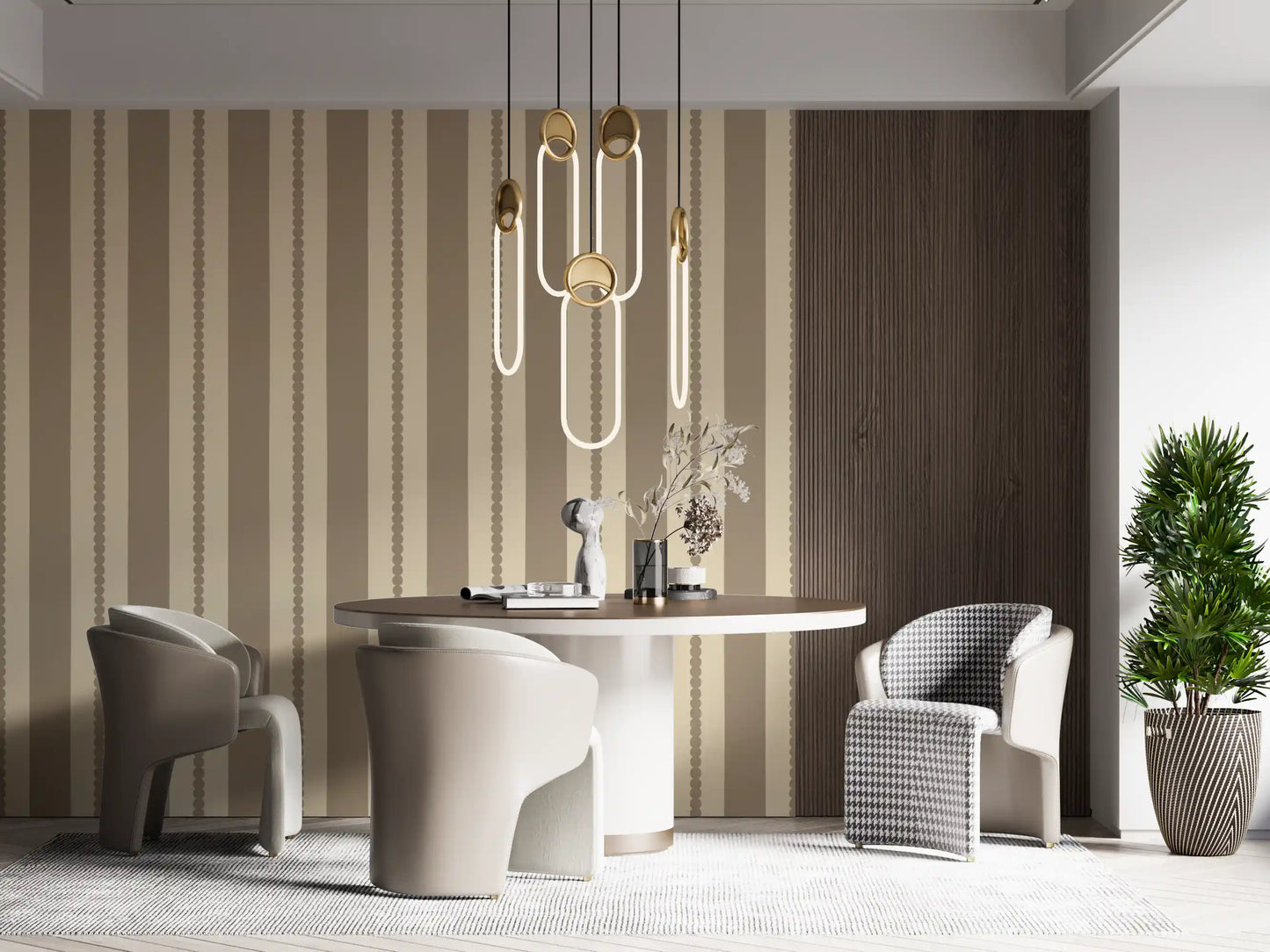 Home office wall with cream and taupe scallop dot stripe wallpaper. 