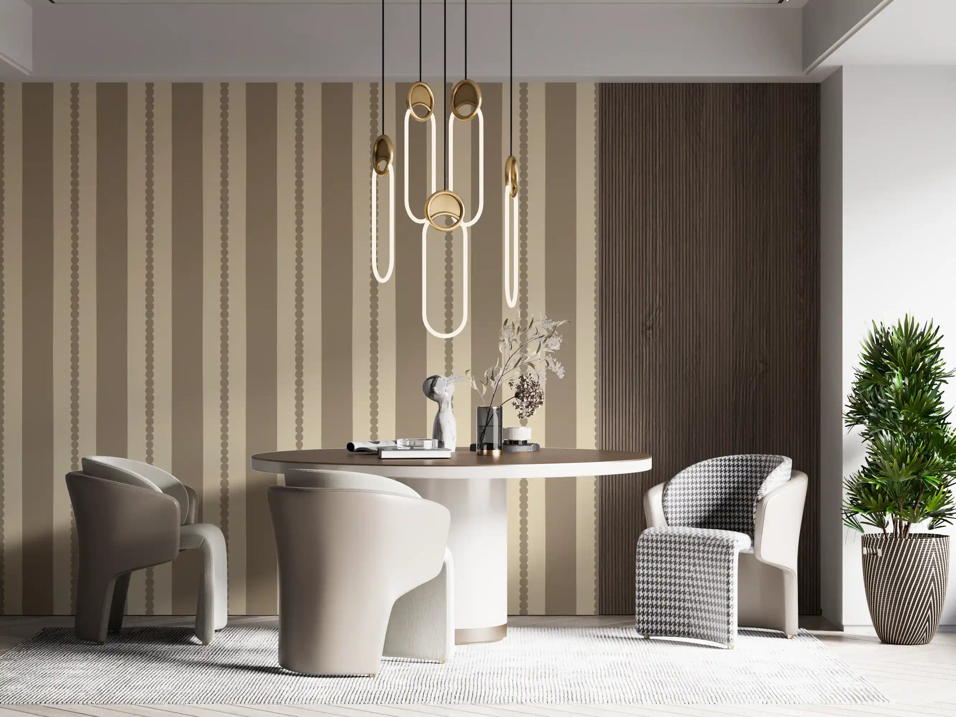 Home office wall with cream and taupe scallop dot stripe wallpaper. 