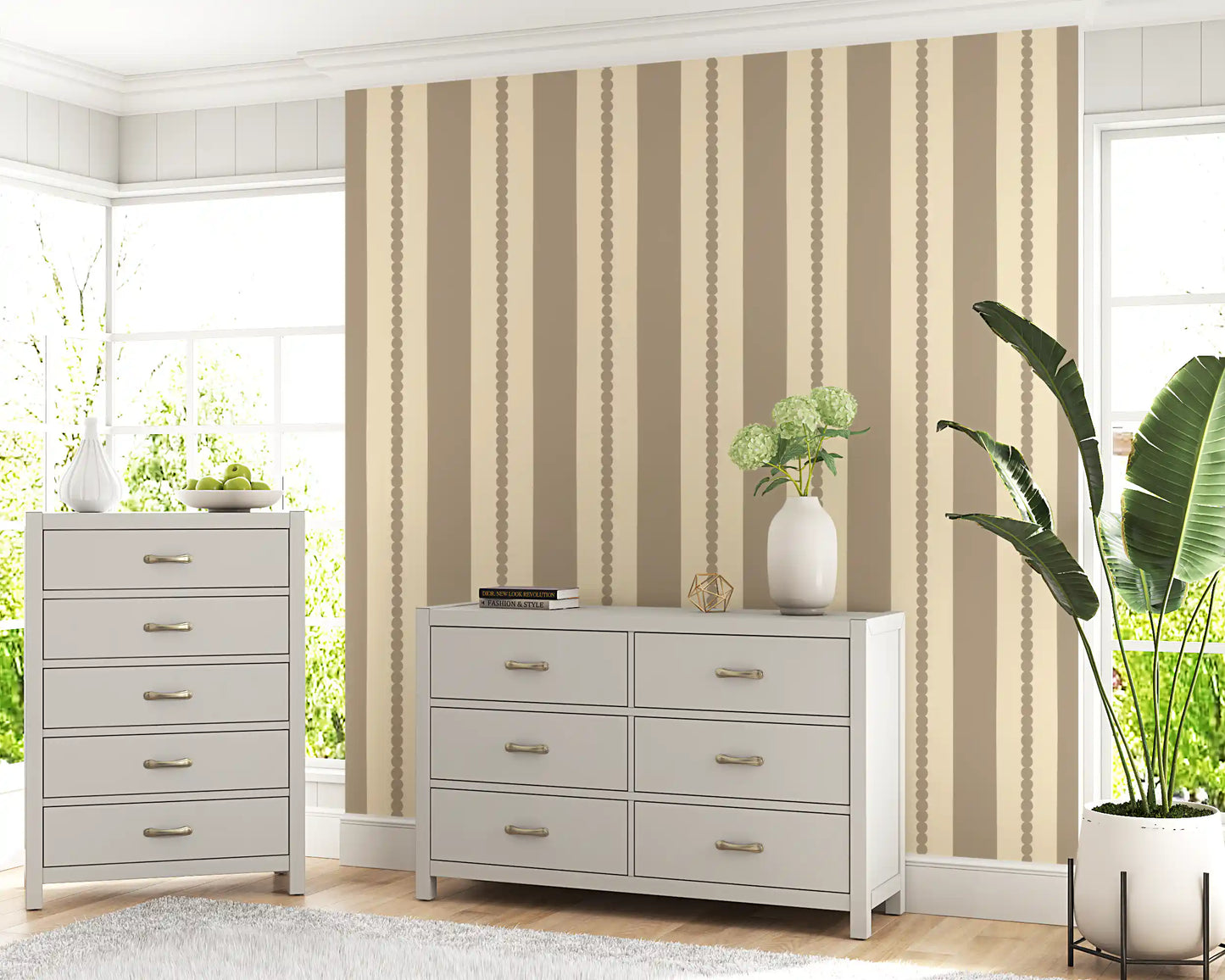 Hallway subtle stripe and scallop pattern wallpaper in warm neutral shades.