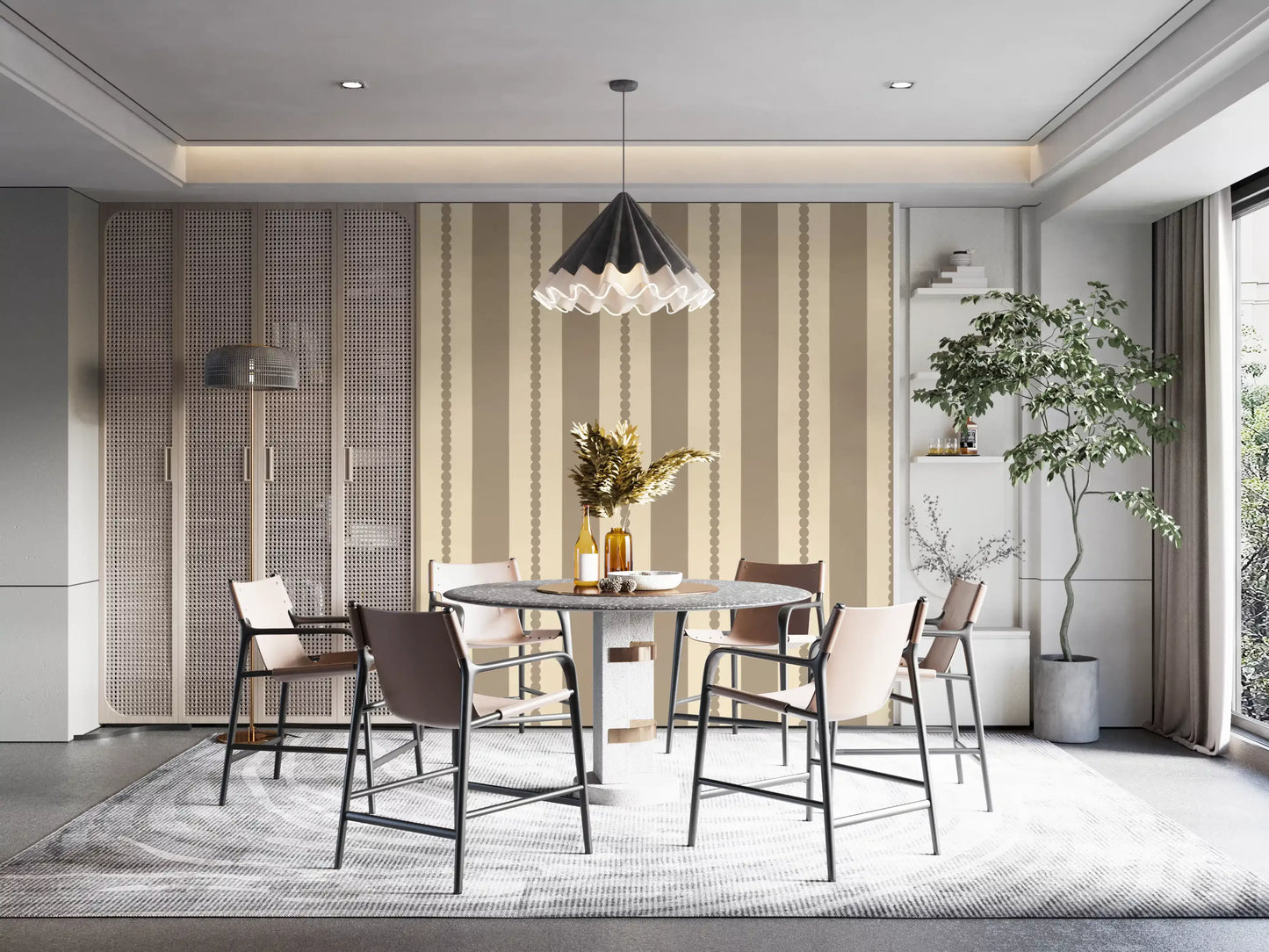 Subtle scallop border stripe wallpaper in warm taupe tone.