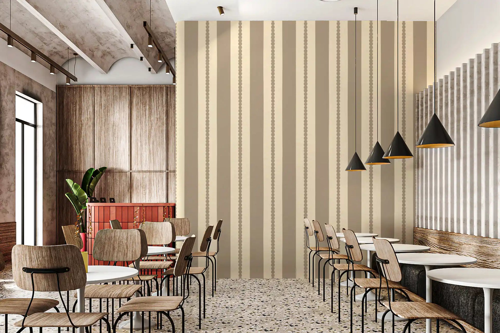 Dining room taupe dot chain stripe wallpaper.