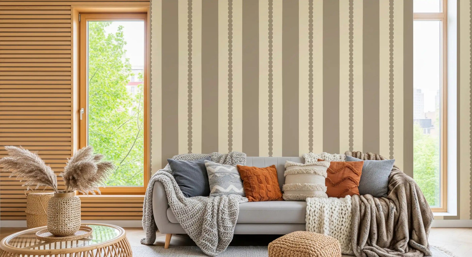 Living room scallop dot stripes wallpaper in taupe and cream tones.