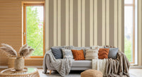 Living room scallop dot stripes wallpaper in taupe and cream tones.