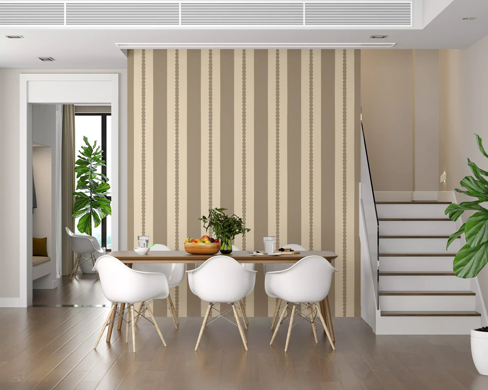 Cream and beige dot chain stripe wallpaper pattern details.