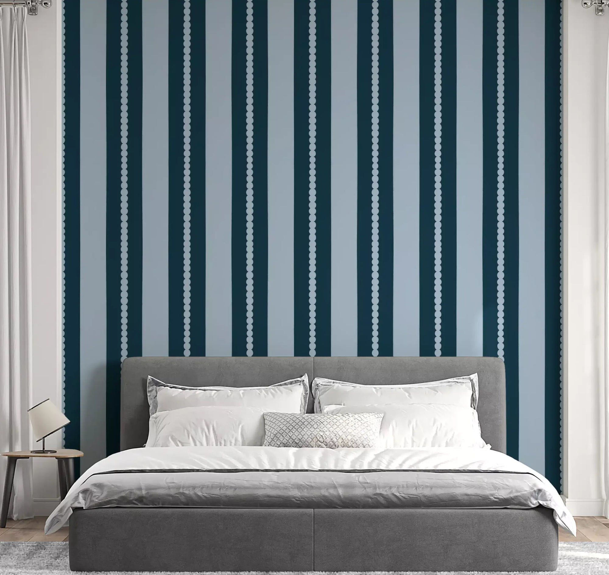 Bedroom wall with scallop dot vertical stripe teal blue wallpaper., GD9800