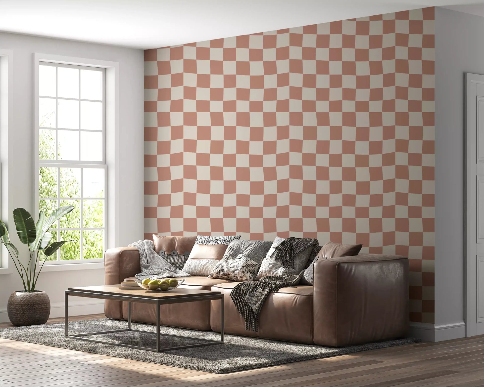 Soft retro wavy check wallpaper in warm peach and off-white., GD9801