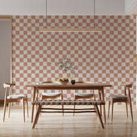 Peach cream distorted checkerboard wallpaper in dining room backdrop., GD9801