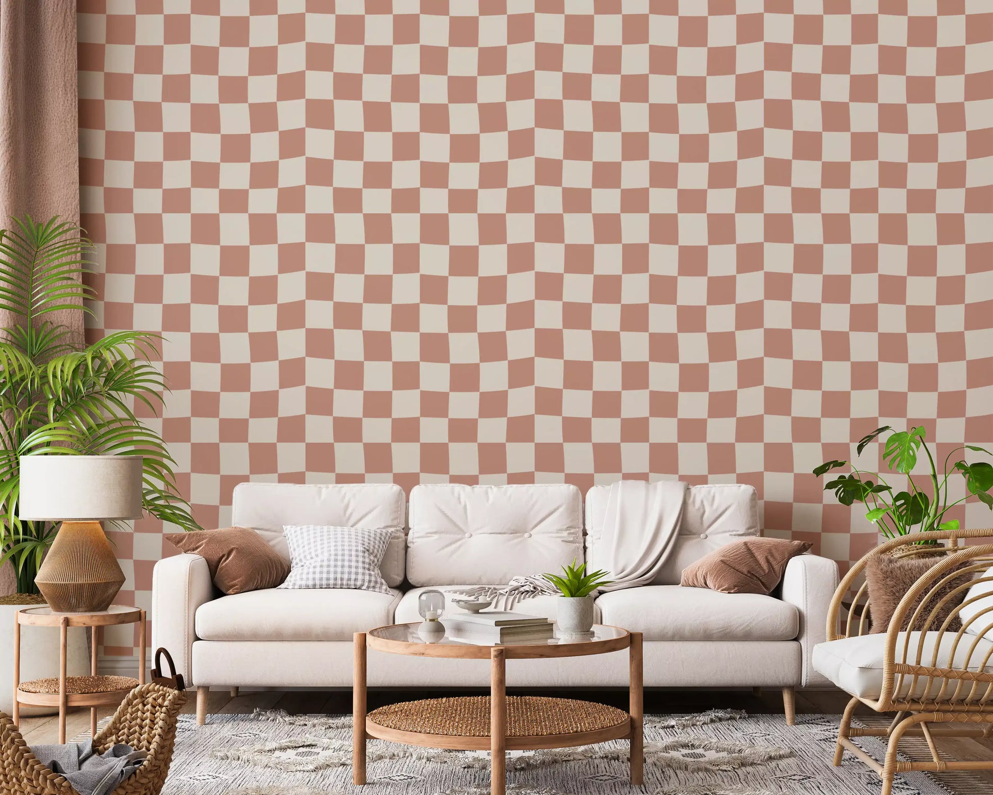 peach cream checker waves wallpaper in bright living space., GD9801