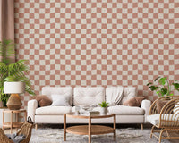 peach cream checker waves wallpaper in bright living space., GD9801