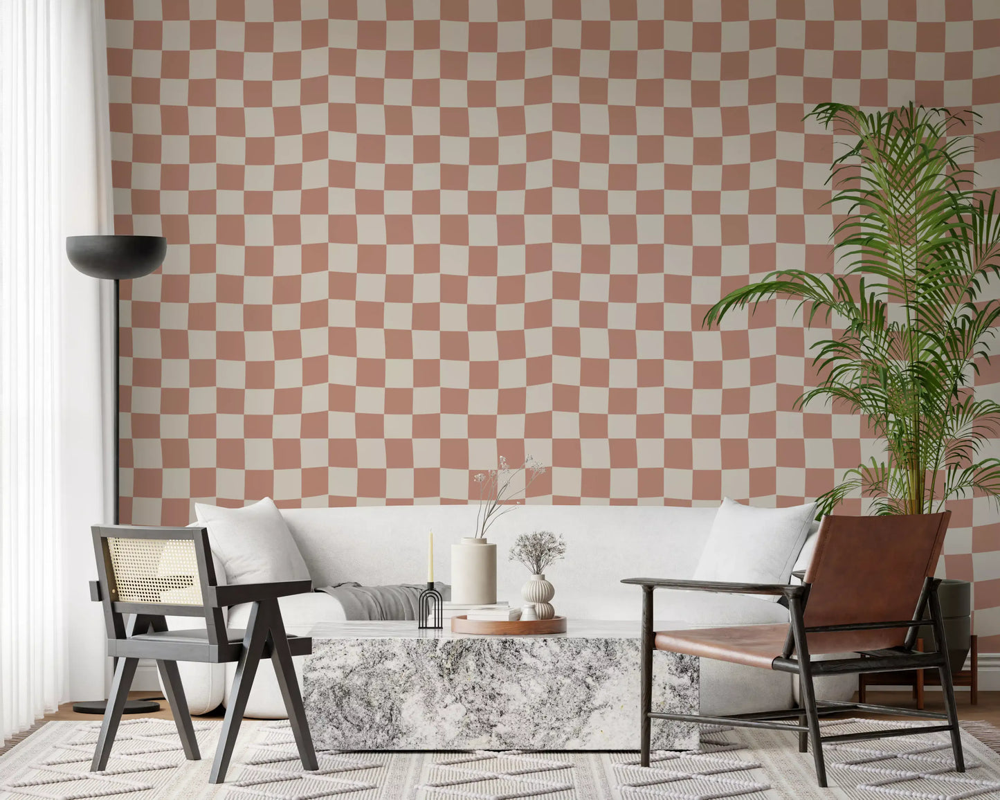 Living room accent wall featuring wavy checkerboard peach wallpaper., GD9801