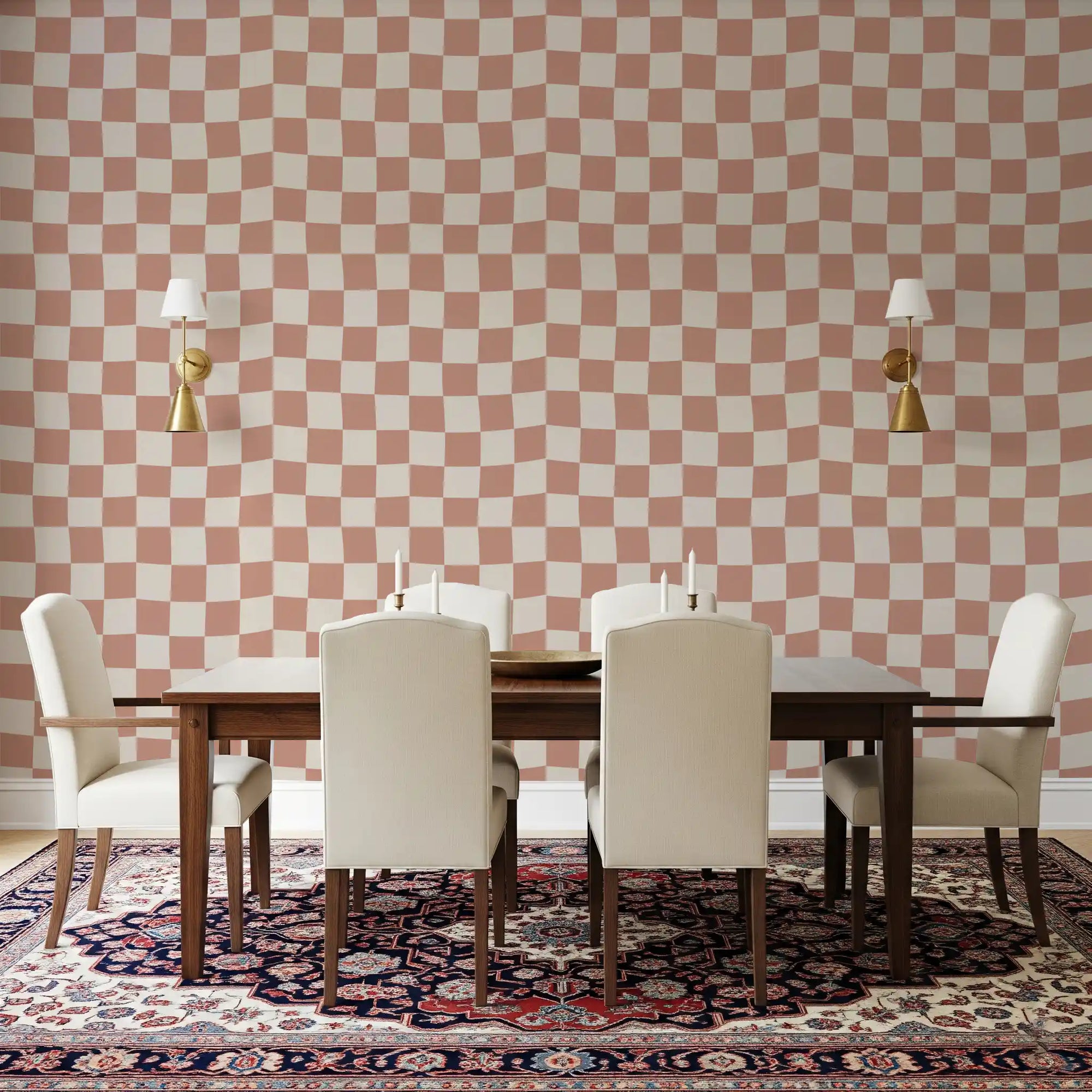 Wavy checker pattern wallpaper in peach and cream tones for dining room., GD9801