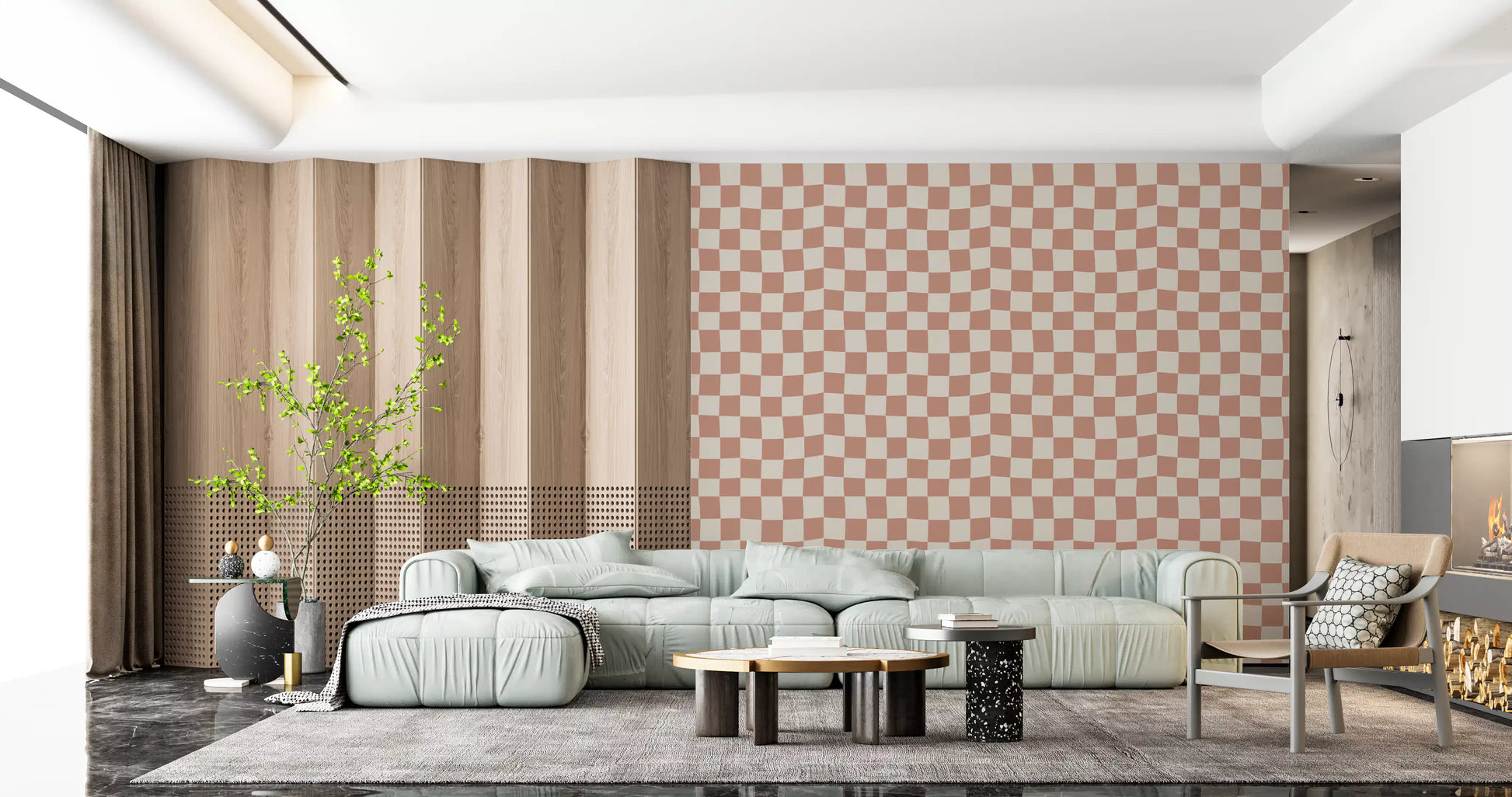 Warm tone wavy checkerboard wallpaper print in peach and cream., GD9801