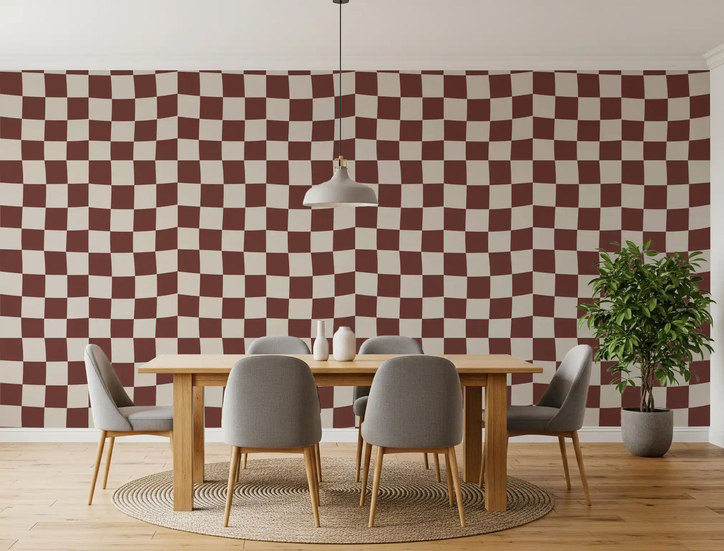 Retro wavy checkerboard wallpaper in modern dining room setting., GD9802