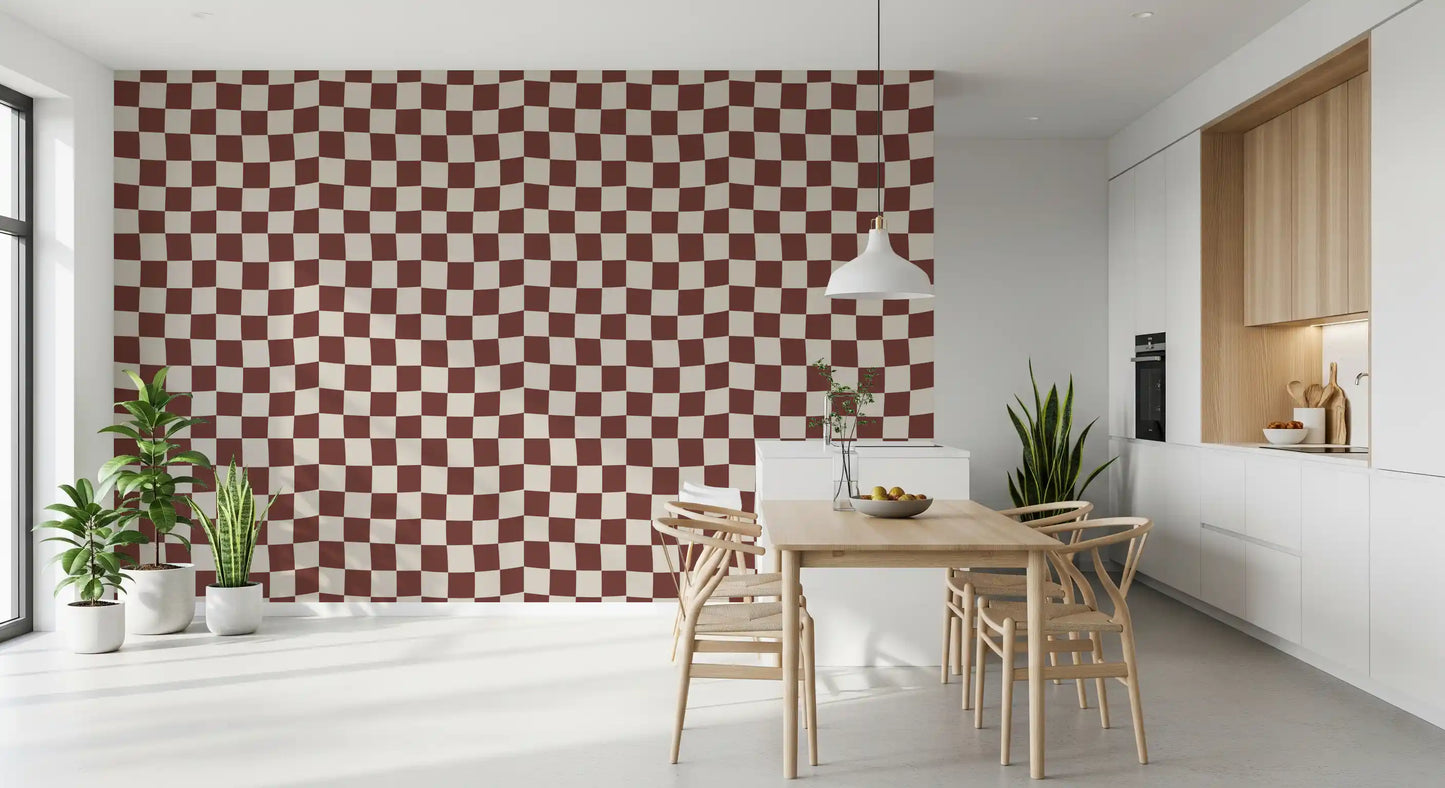 Geometric groovy wavy checkerboard wallpaper in earthy tones., GD9802