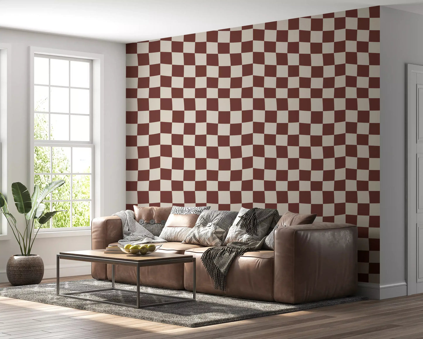 Large-scale retro ripple check pattern wallpaper in sunlit living room., GD9802