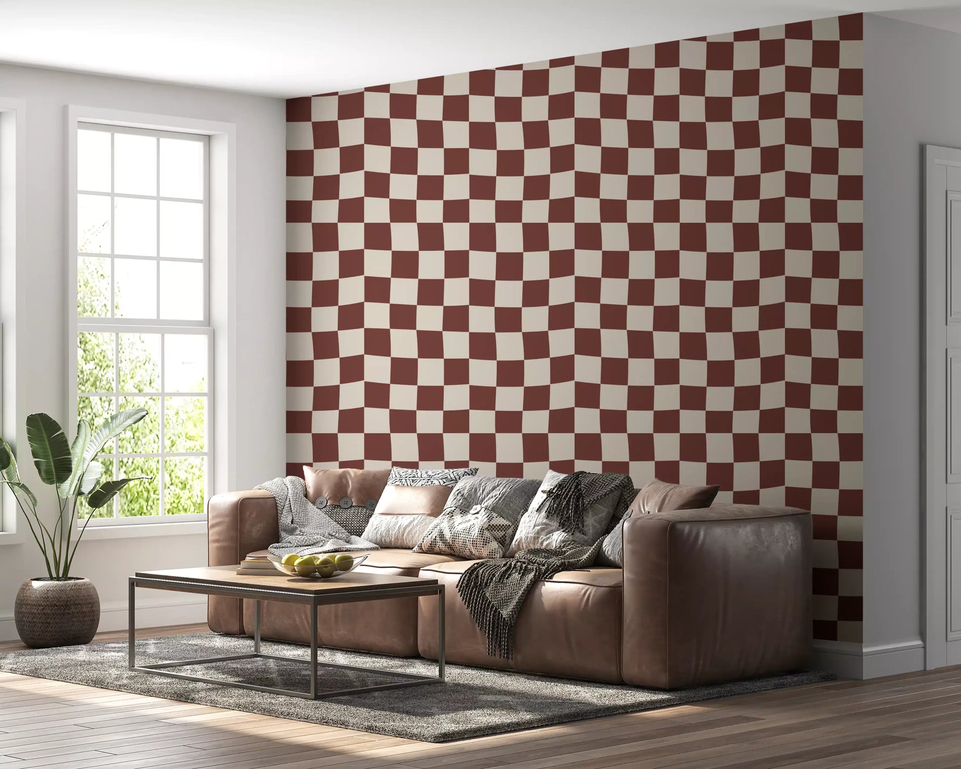 Large-scale retro ripple check pattern wallpaper in sunlit living room., GD9802