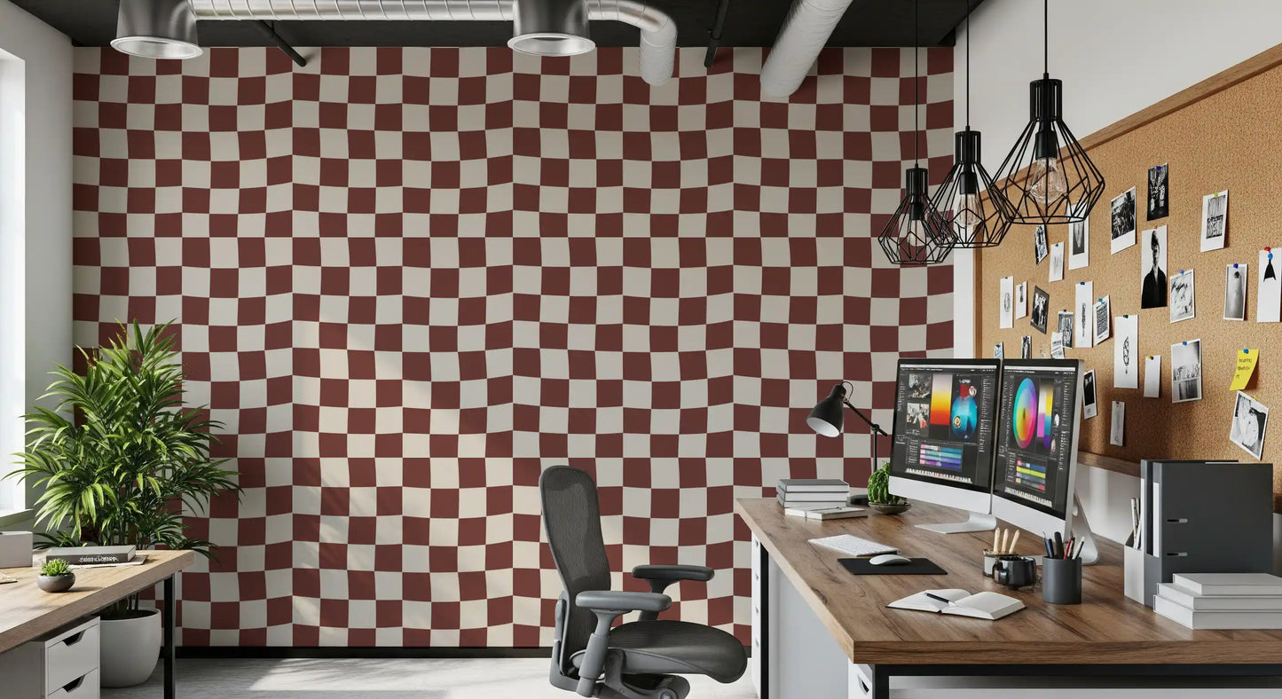Groovy checkered ripple wallpaper in terracotta and off-white., GD9802
