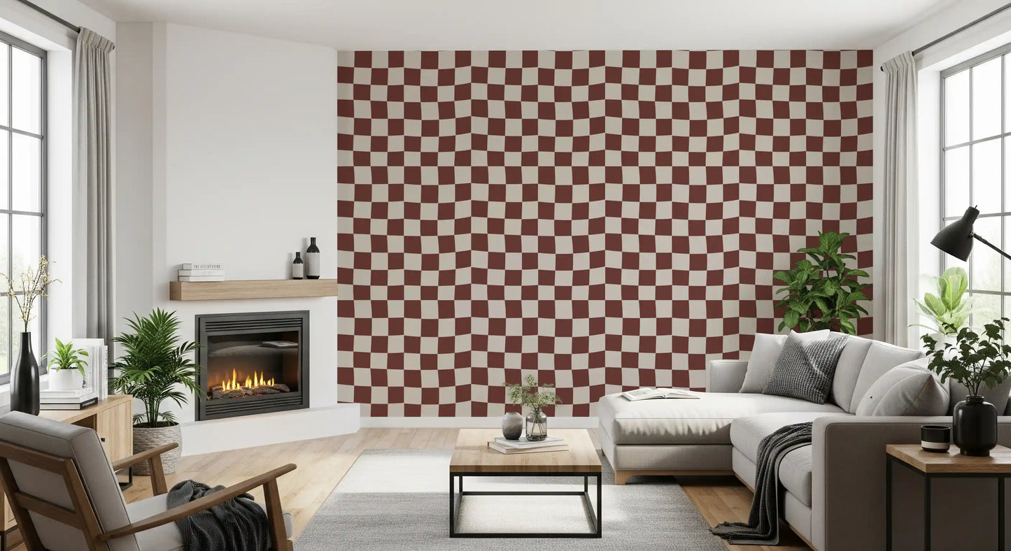 Wavy distorted checkerboard wallpaper in rust brown and cream., GD9802