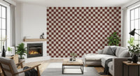 Wavy distorted checkerboard wallpaper in rust brown and cream., GD9802