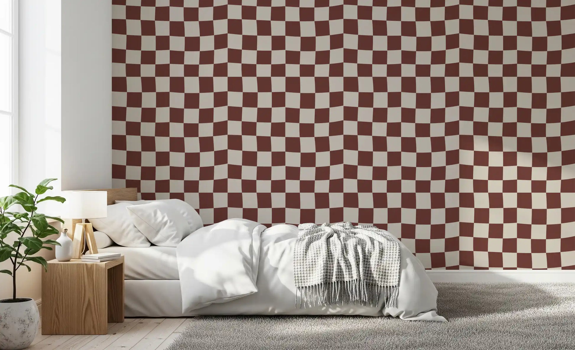Groovy wavy checkered wallpaper on bedroom accent wall., GD9802
