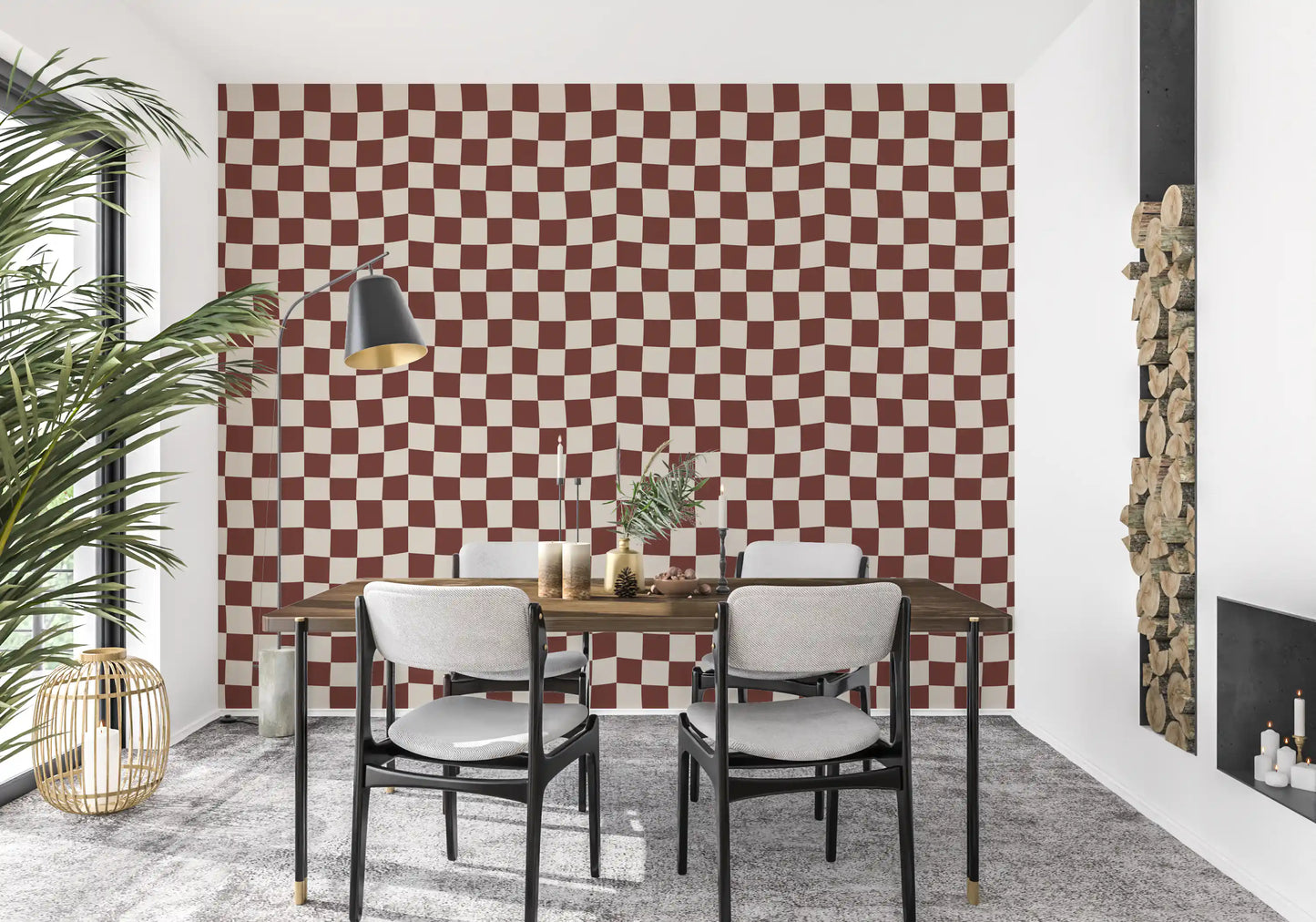 Brown and cream checkered wallpaper in dining room., GD9802