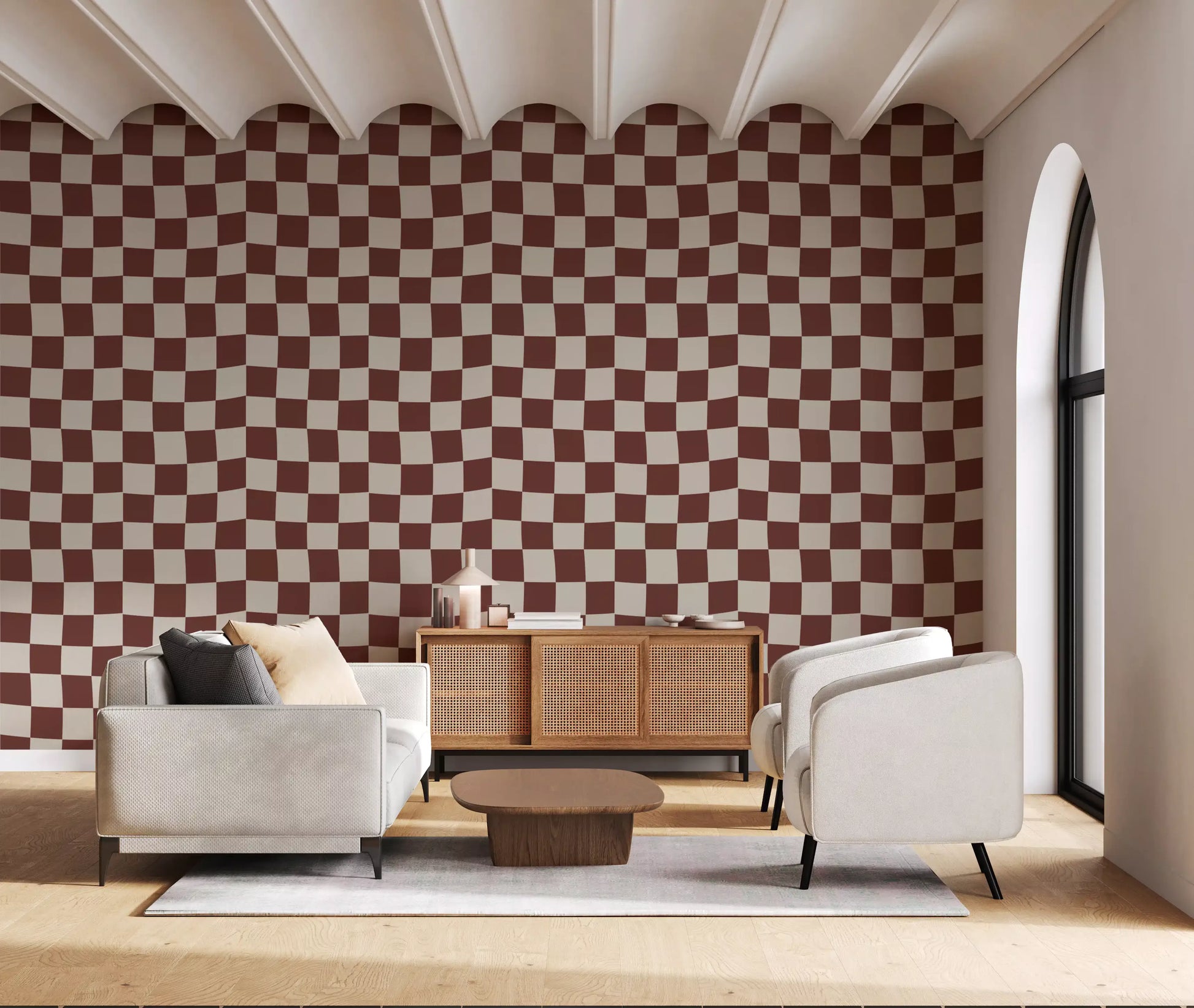 Groovy checkered ripple wallpaper on living room backdrop., GD9802