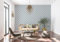 Large-scale azure beige check wave wallpaper details., GD9803