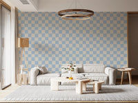 Living room wall with powder blue and cream geometric check wallpaper., GD9803