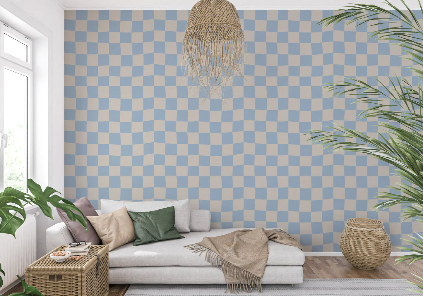 Azure and beige wavy check pattern wallpaper in blue and white tone., GD9803