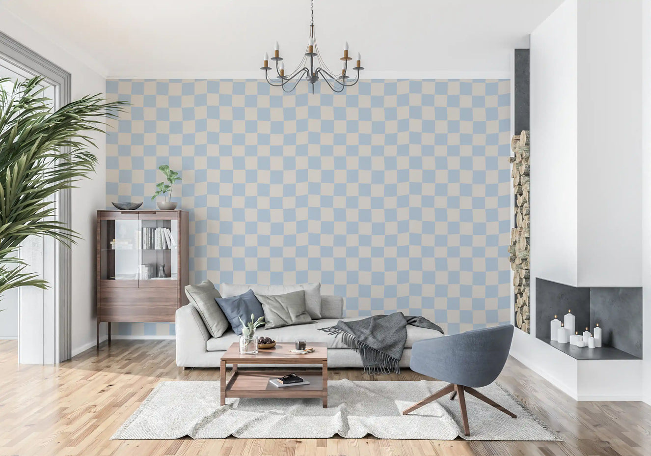 Azure & Beige Check Wave Wallpaper⁠