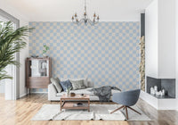 Living room feature wall with soft blue wavy checkerboard wallpaper., GD9803