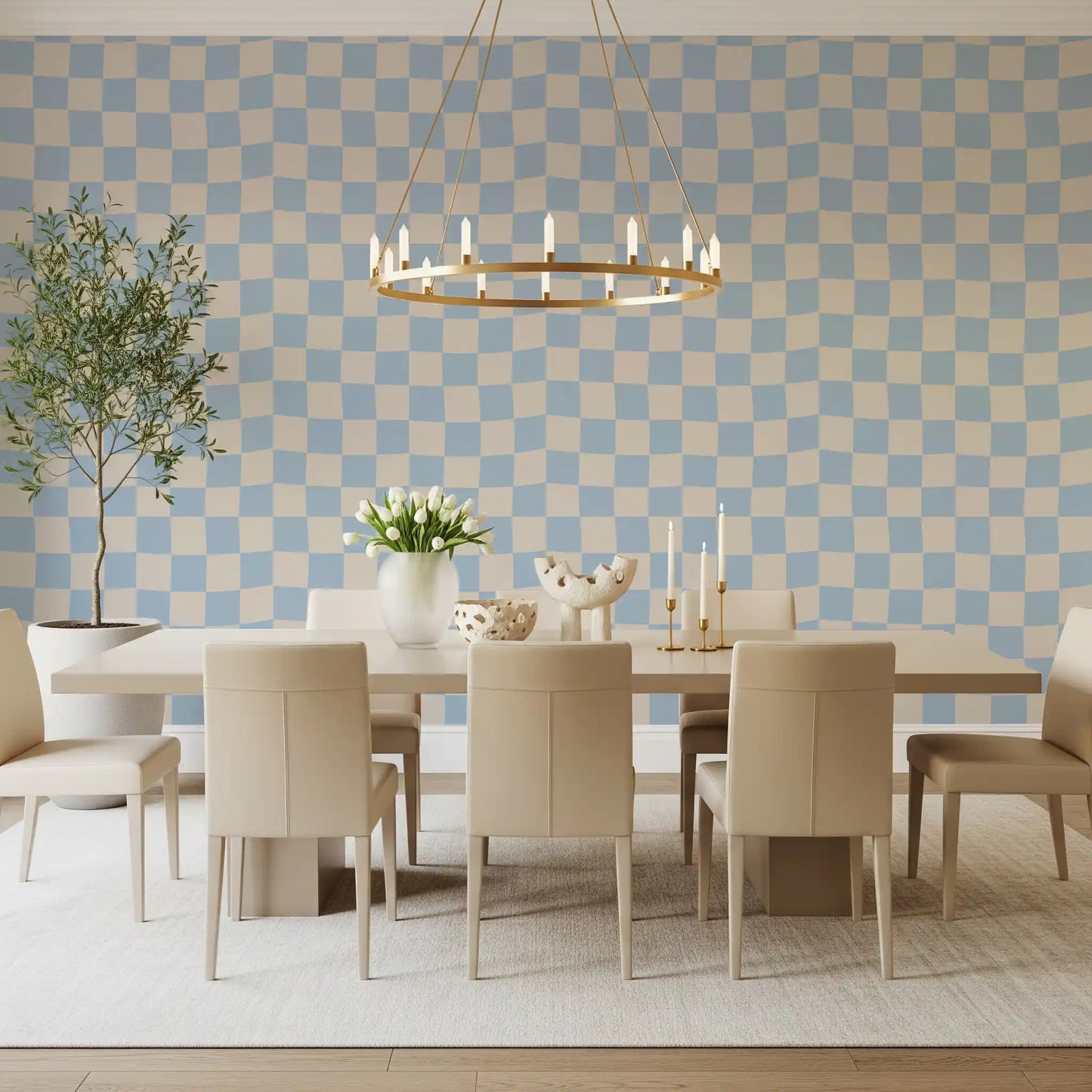 Soft blue and off-white warped checkerboard repeat pattern tile wallpaper., GD9803