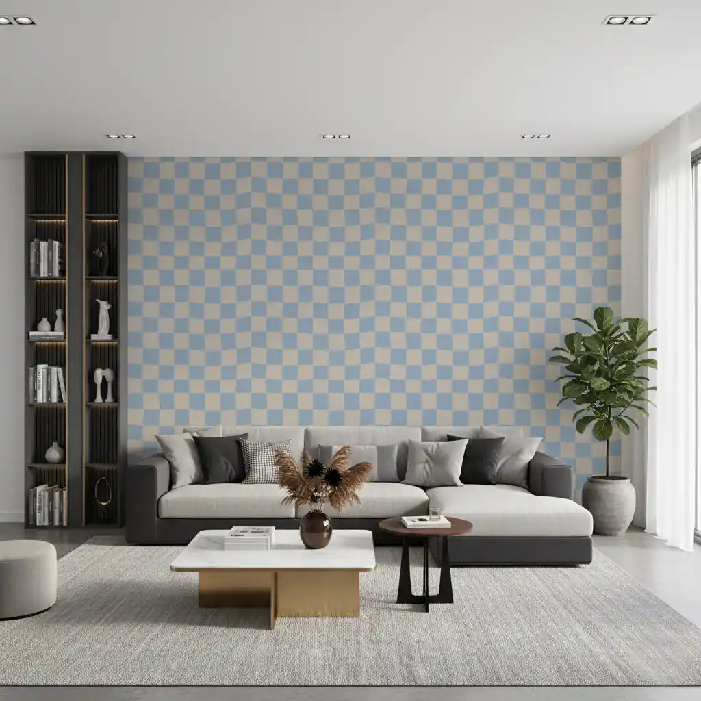 Living room wall with azure beige wavy checkerboard wallpaper., GD9803