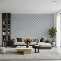 Living room wall with azure beige wavy checkerboard wallpaper., GD9803