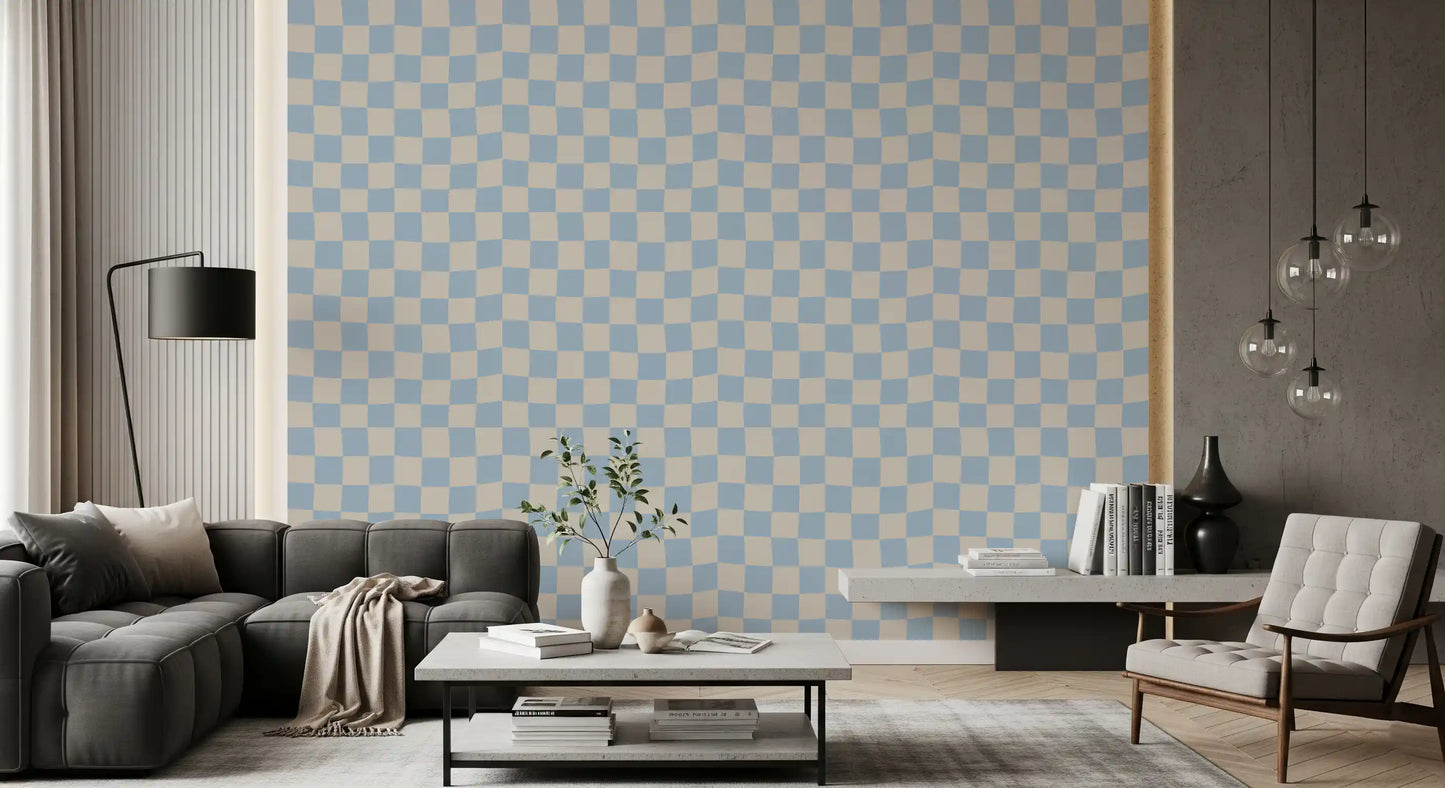 Hallway wall with azure beige check wave pattern wallpaper in blue tone., GD9803