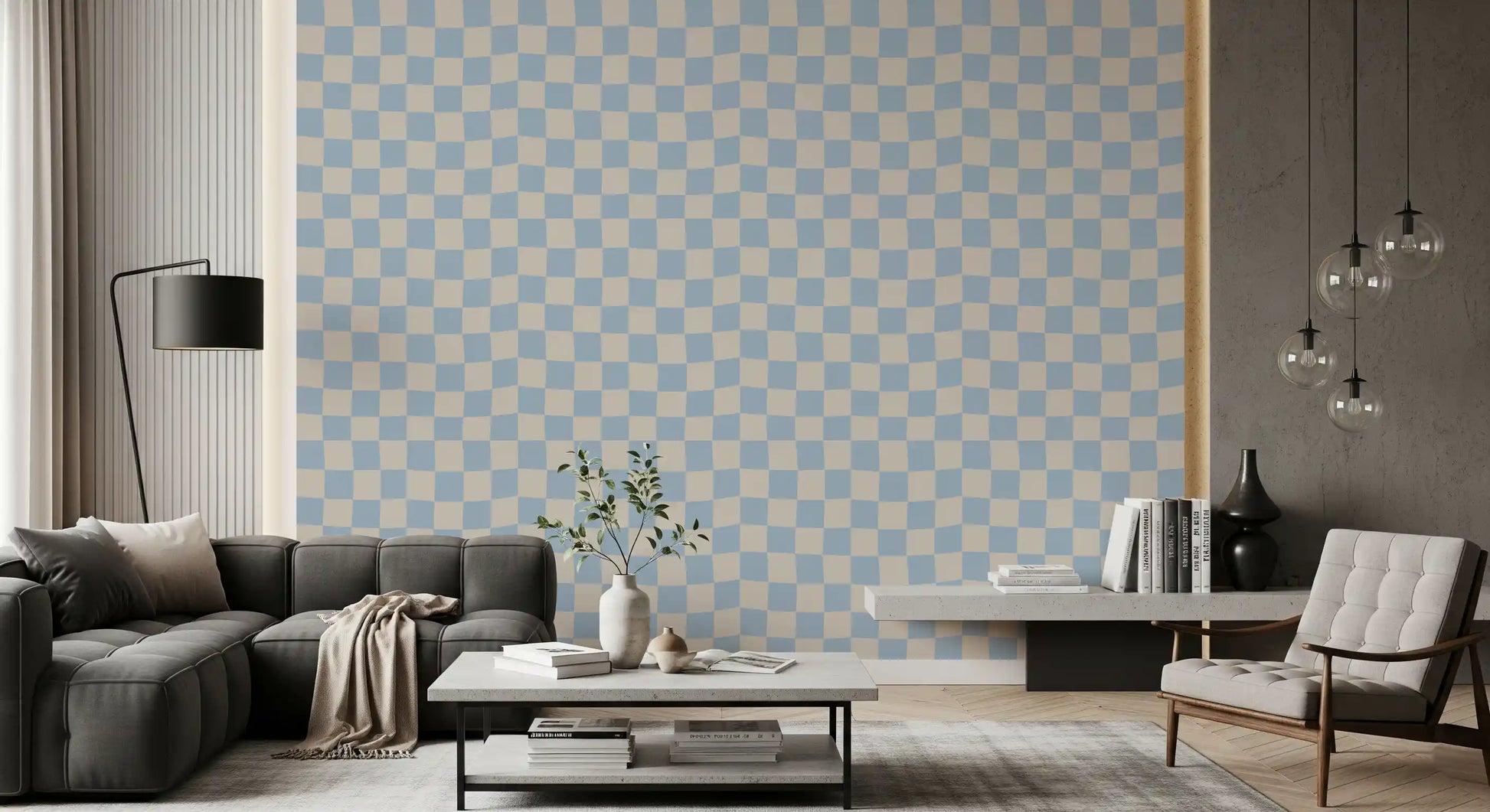 Hallway wall with azure beige check wave pattern wallpaper in blue tone., GD9803