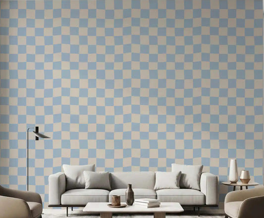 Living room accent wall with azure and beige check wave wallpaper.