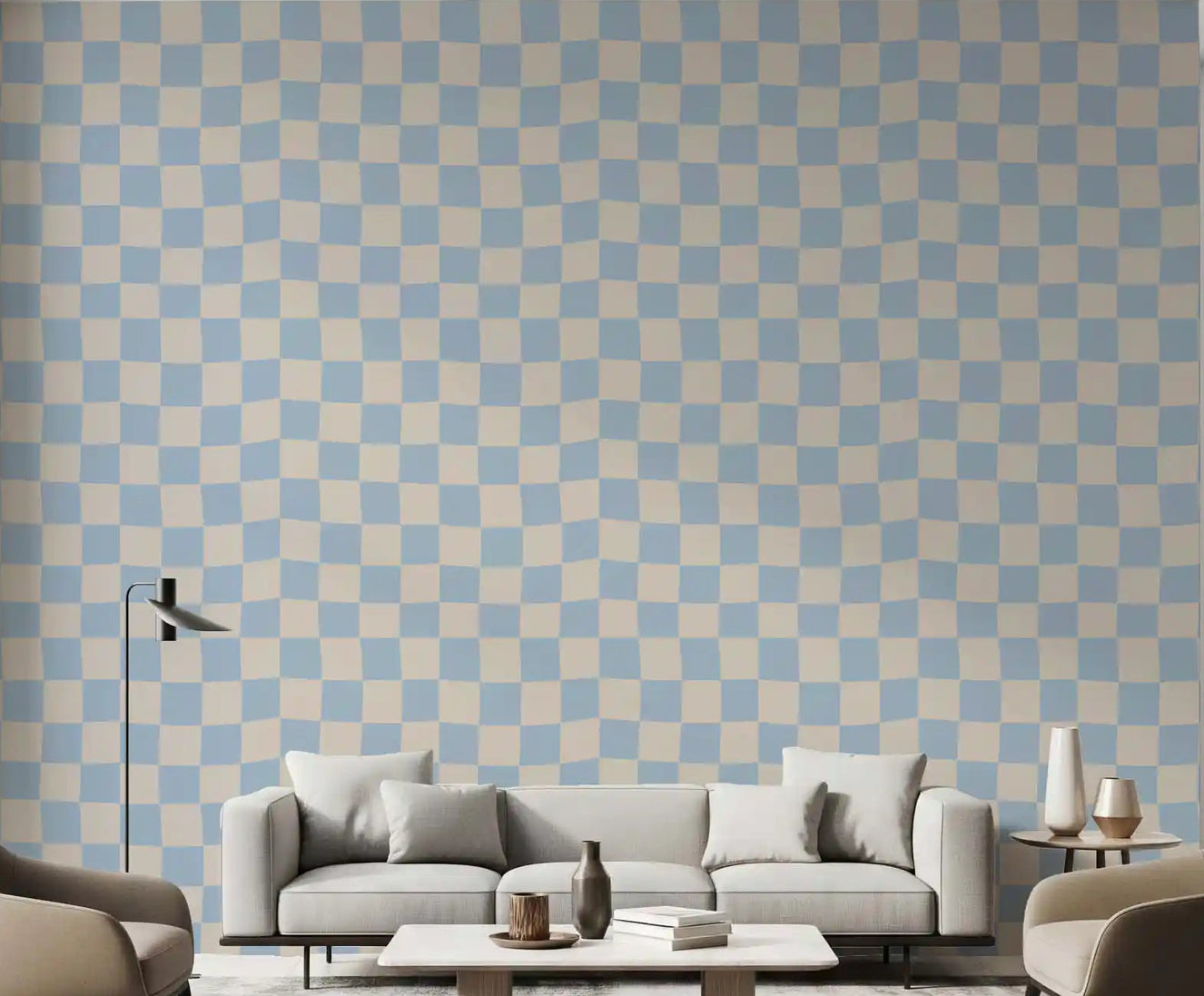 Azure & Beige Check Wave Wallpaper⁠