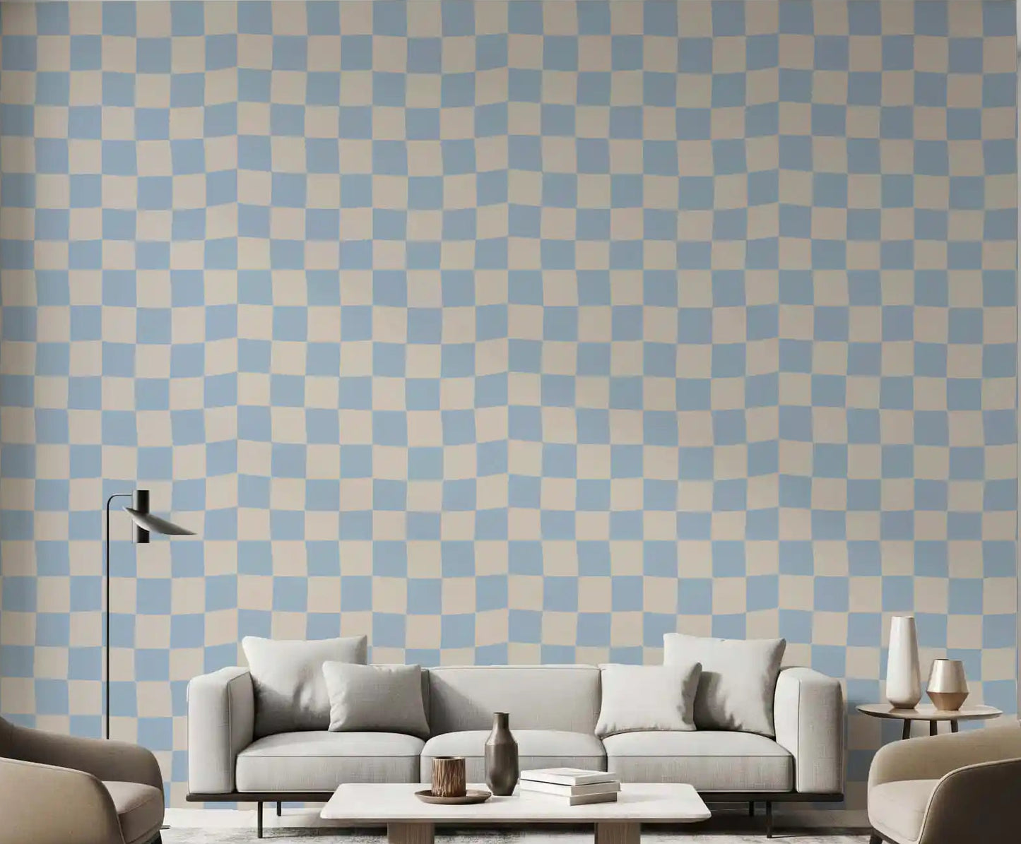 Living room accent wall with azure and beige check wave wallpaper., GD9803