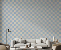 Living room accent wall with azure and beige check wave wallpaper., GD9803
