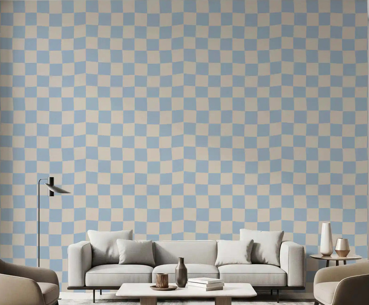 Living room accent wall with azure and beige check wave wallpaper., GD9803