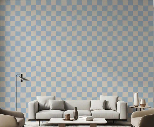 Living room accent wall with azure and beige check wave wallpaper.