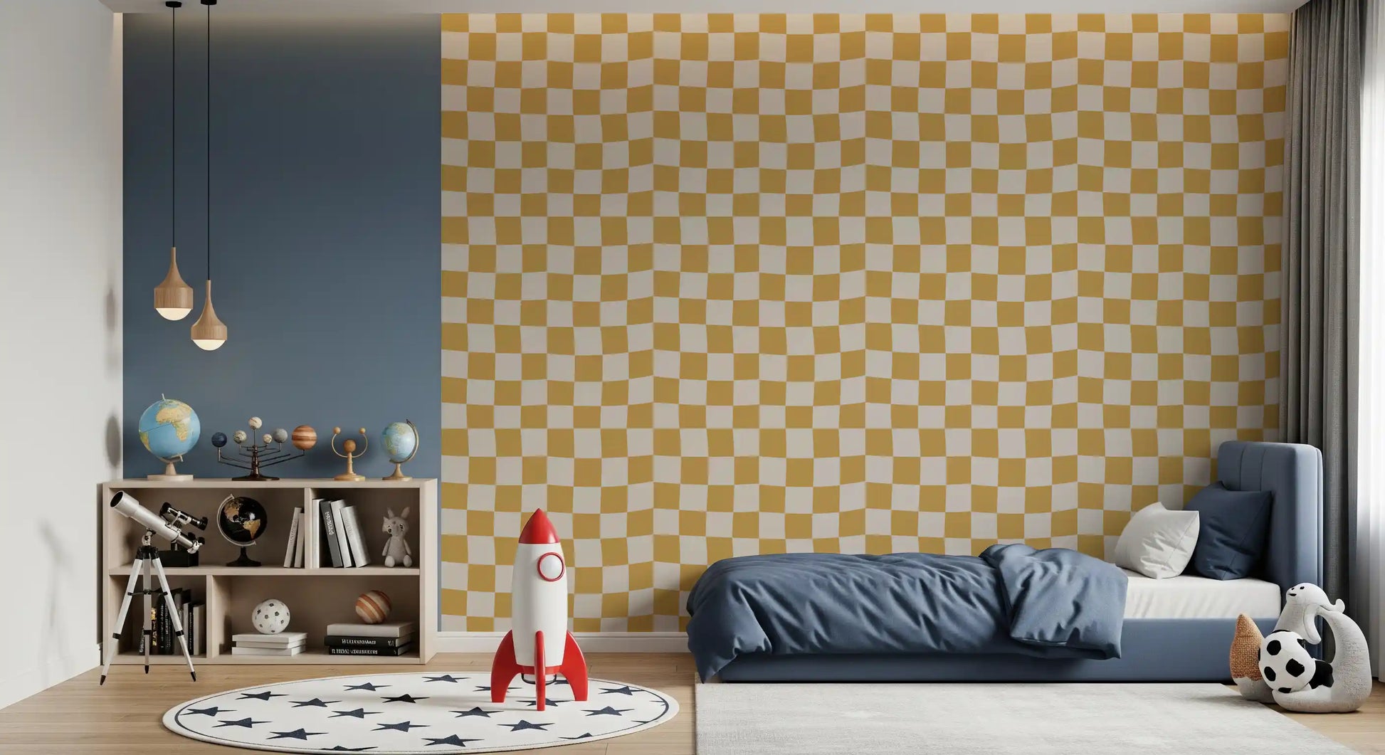 Child's bedroom with golden ripple checks self-adhesive wallpaper as accent wall.