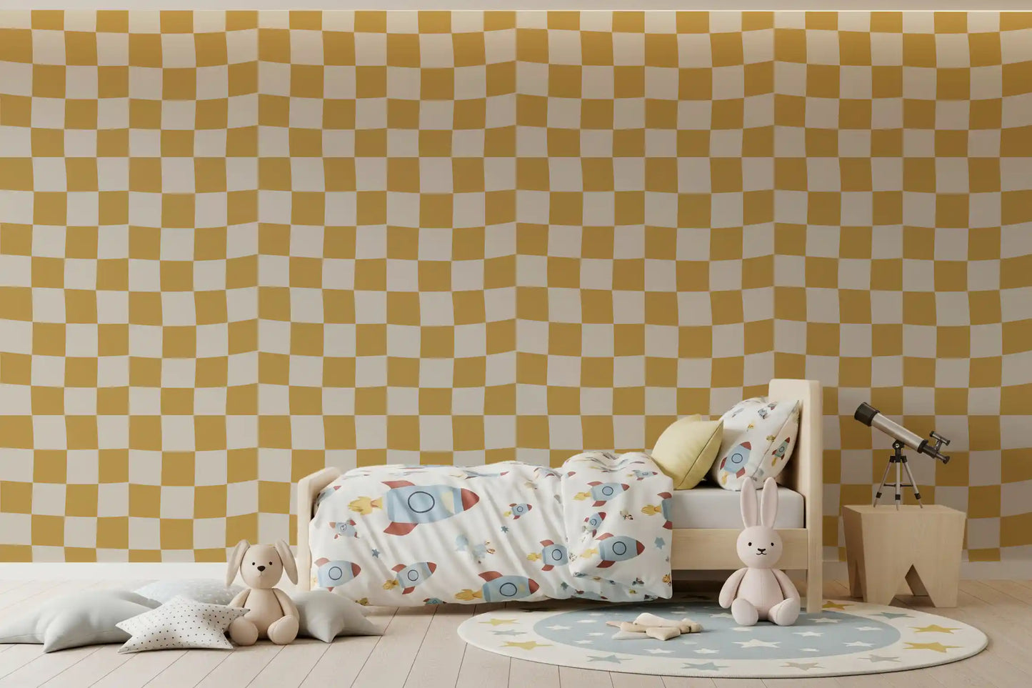 Golden and off-white checks wallpaper bold geometric print with flowing curves.