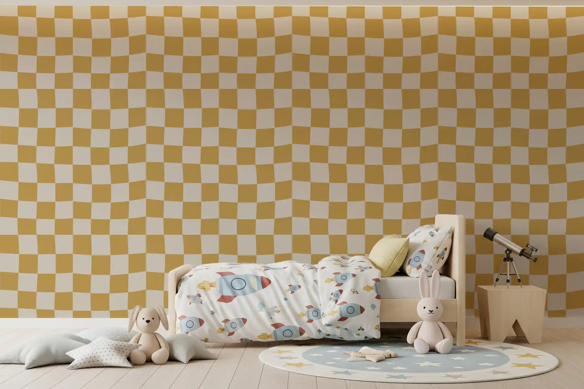 Golden and off-white checks wallpaper bold geometric print with flowing curves.