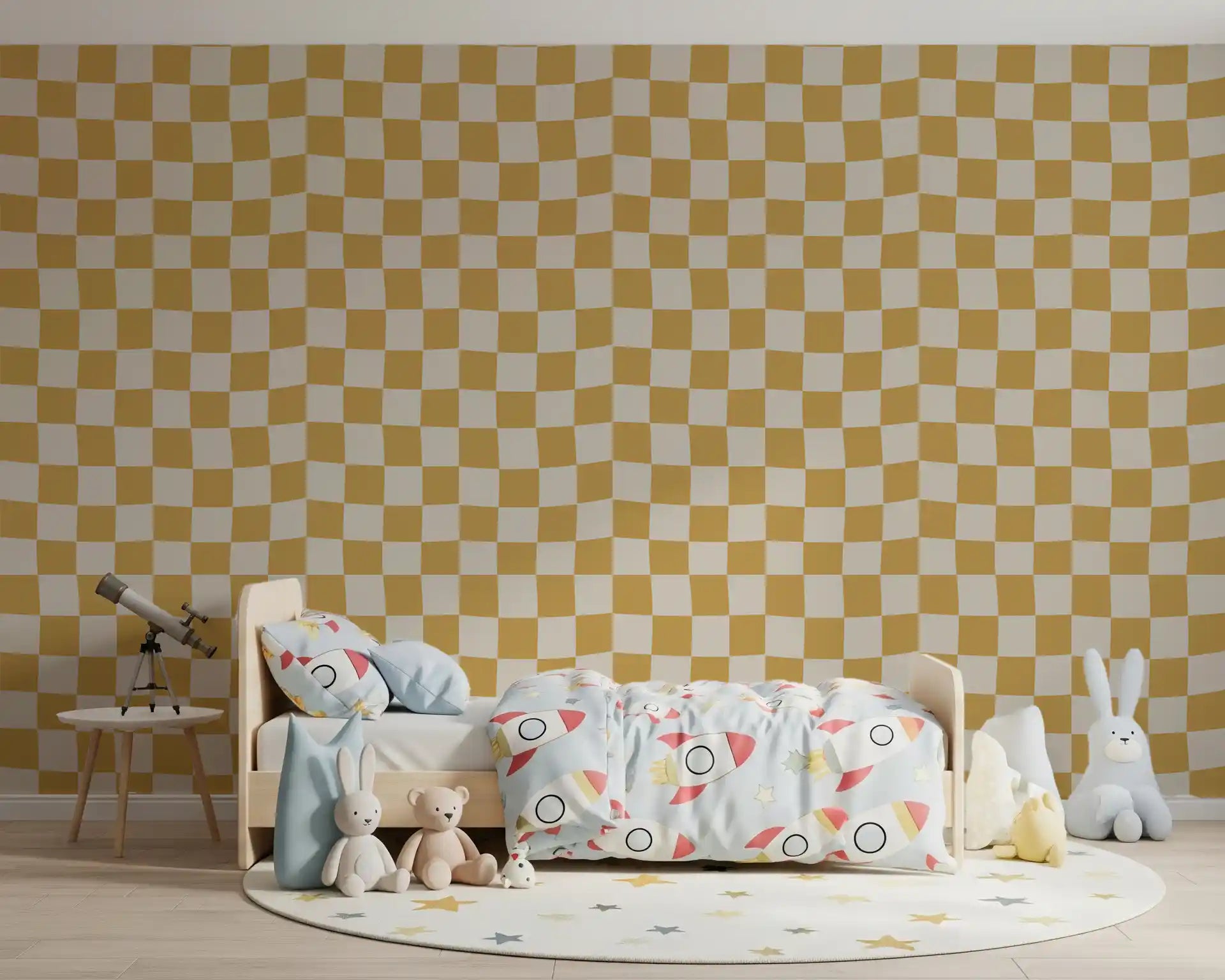 Warm honey-tone checkerboard wallpaper with organic ripple texture across surface. 