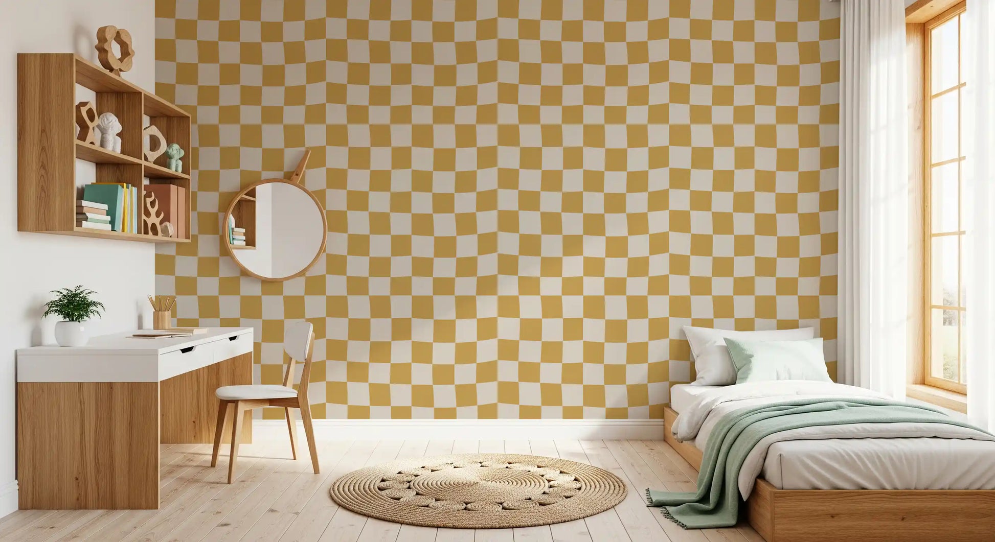 Retro-style golden checks removable wallpaper with wavy grid line detail.
