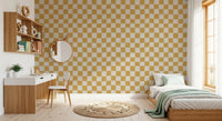 Retro-style golden checks removable wallpaper with wavy grid line detail.