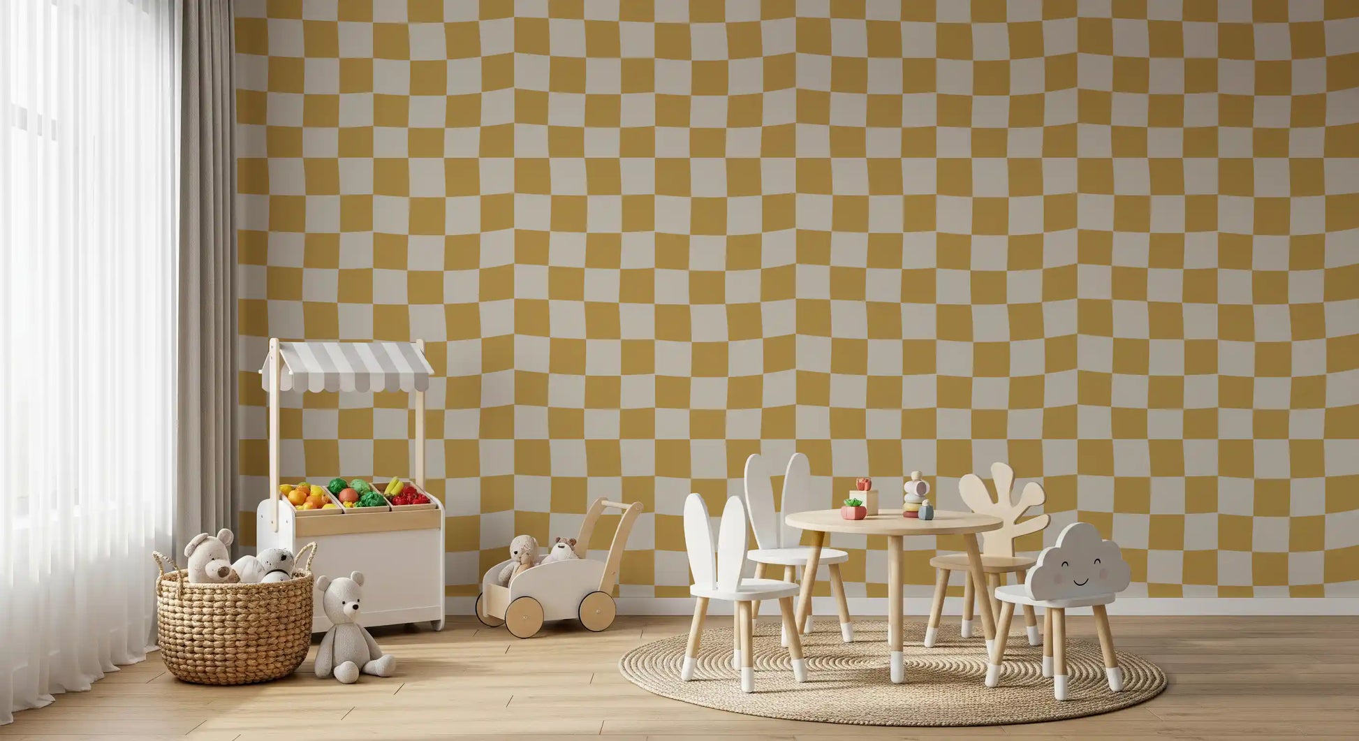 Golden ripple checks wallpaper wavy geometric pattern in warm tan and cream.